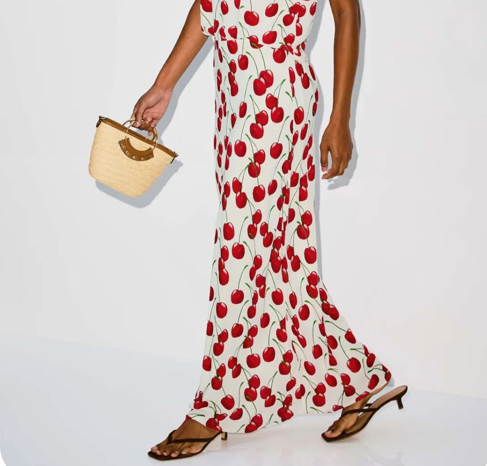 Muma World White Cherry Print Bias Maxi Skirt XS Whimsical Playful Designer $325